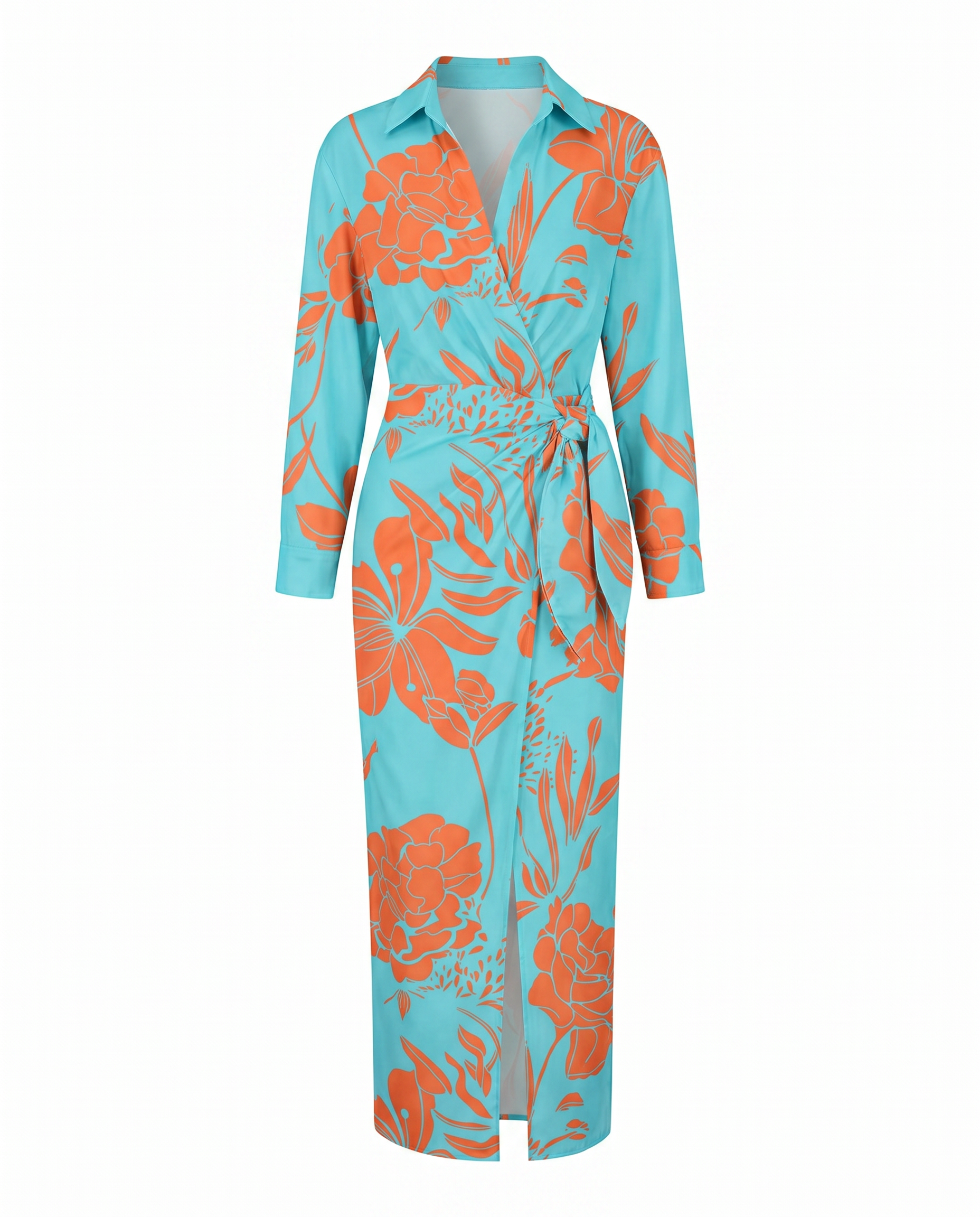 Women's Elegant Leaf Print Wrap Maxi Dress with Side Slit