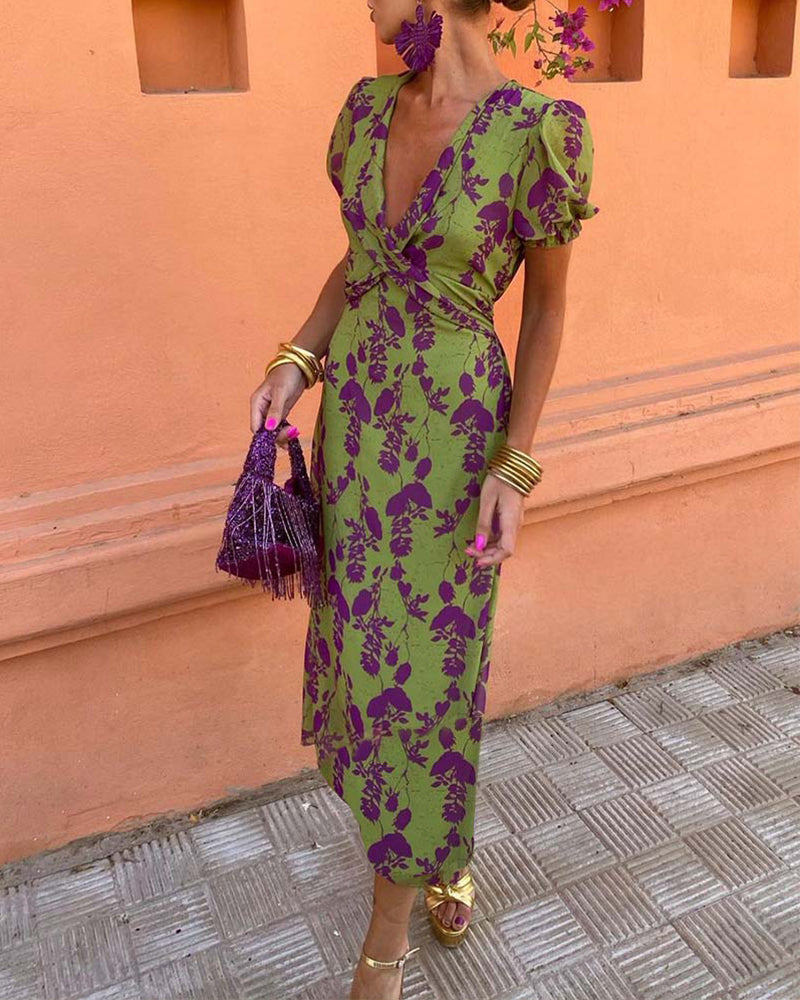 Women's Floral Wrap V-Neck Puff Sleeve Midi Dress
