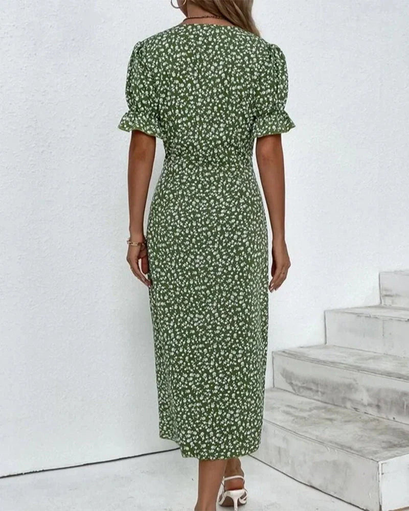 Women’s Floral Wrap Midi Dress with Flutter Sleeves and Figure-Flattering