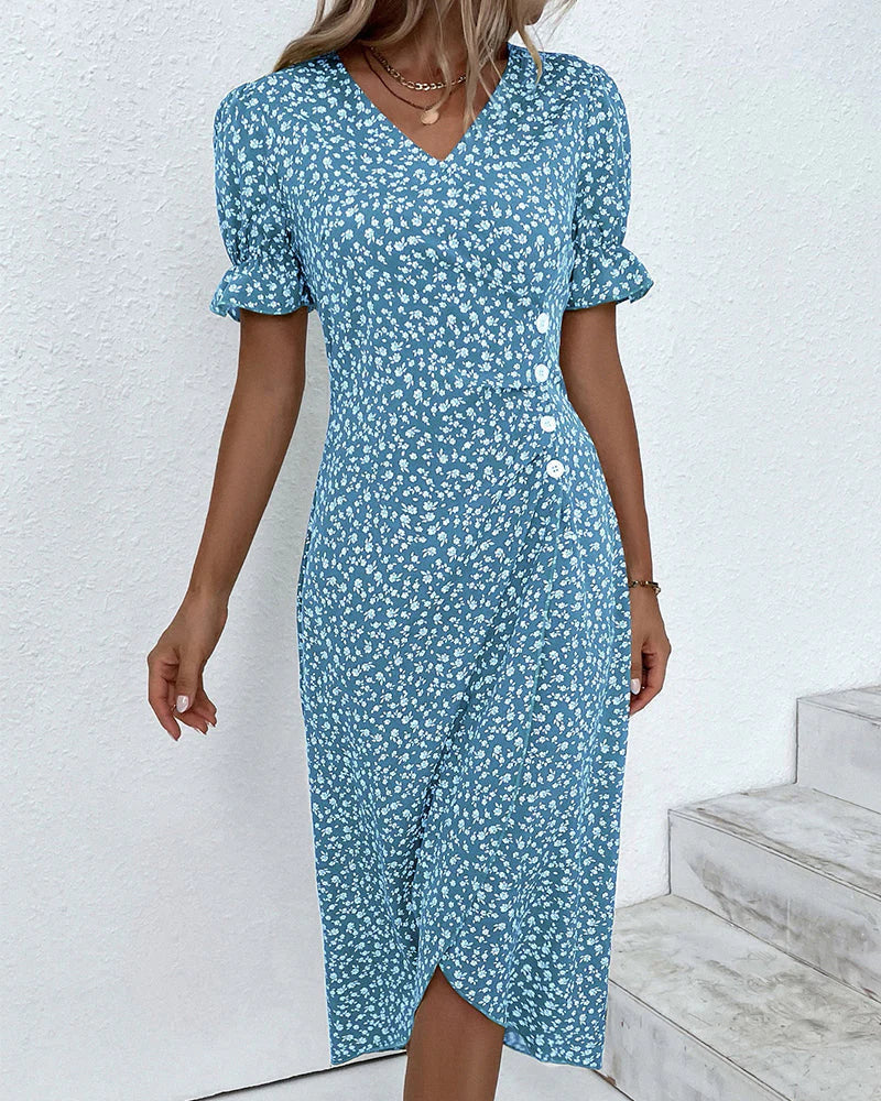 Women’s Floral Wrap Midi Dress with Flutter Sleeves and Figure-Flattering