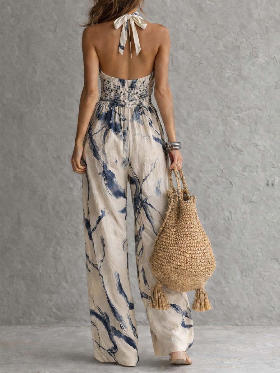 Combinaison femme à col licou et jambes larges avec poches