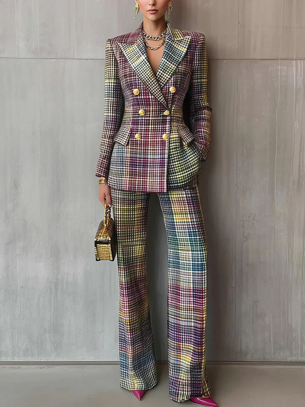 Women's Plaid Blazer & Wide Leg Pants Set