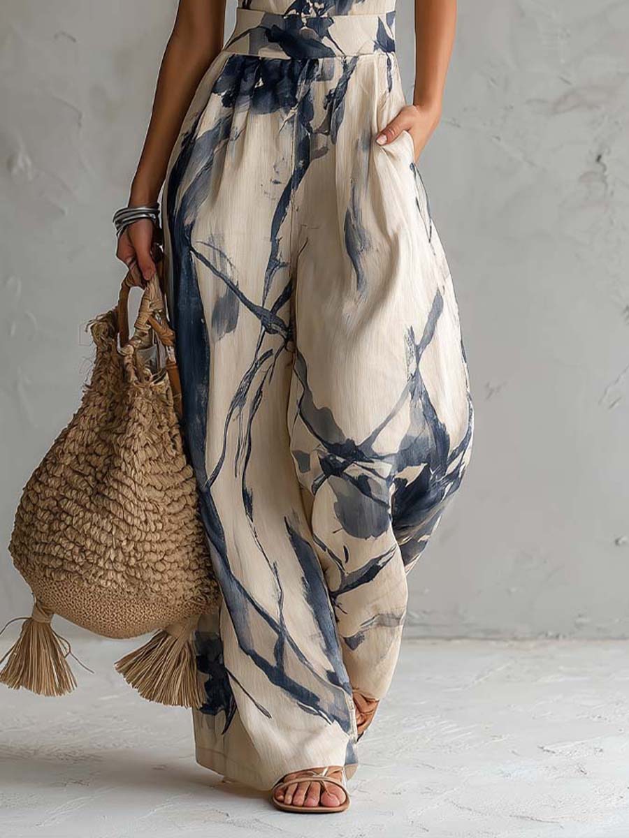 Combinaison femme à col licou et jambes larges avec poches
