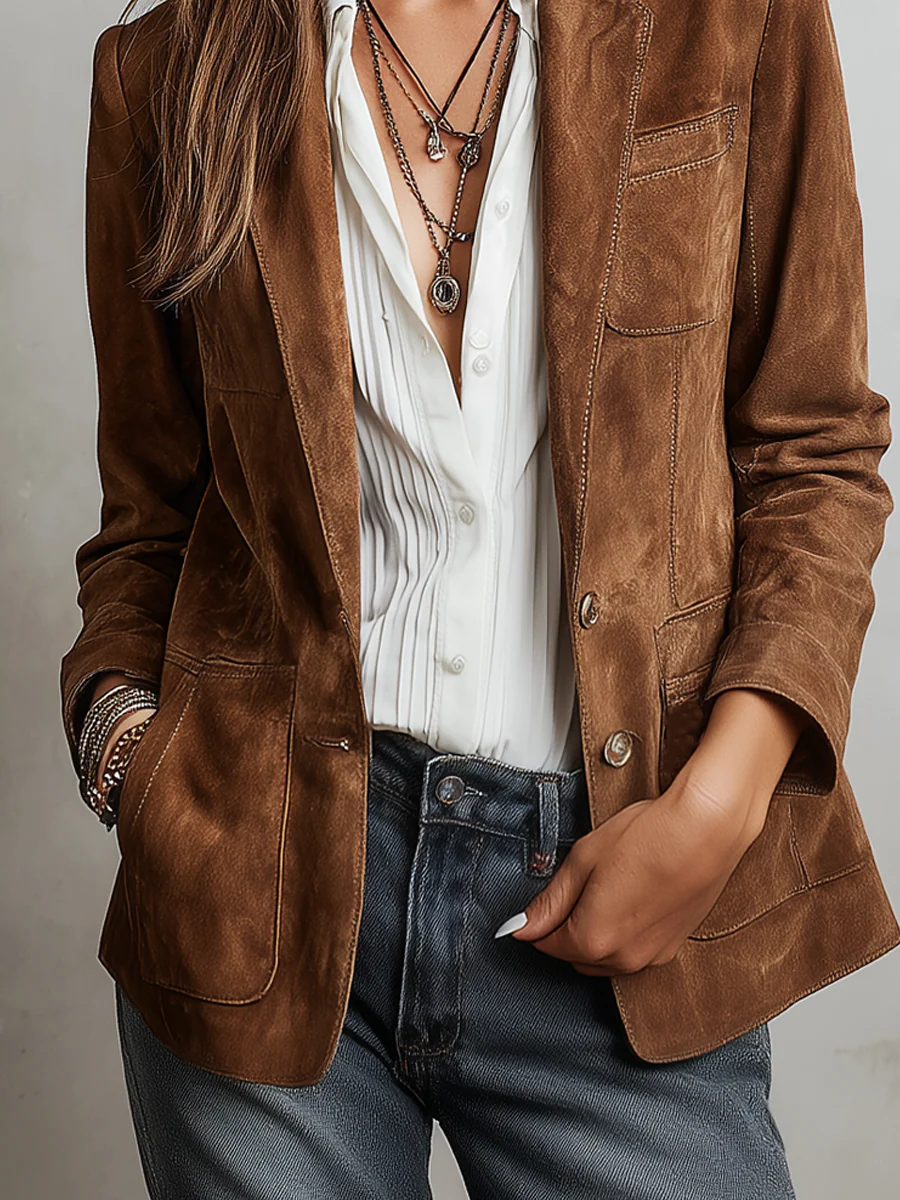 Blazer vintage de ante sintético para mujer con cierre frontal de botones