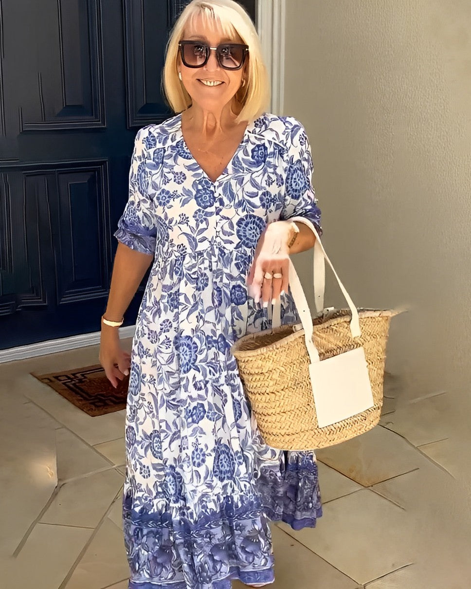 Women's A-Line Floral Midi Dress with V-Neckline