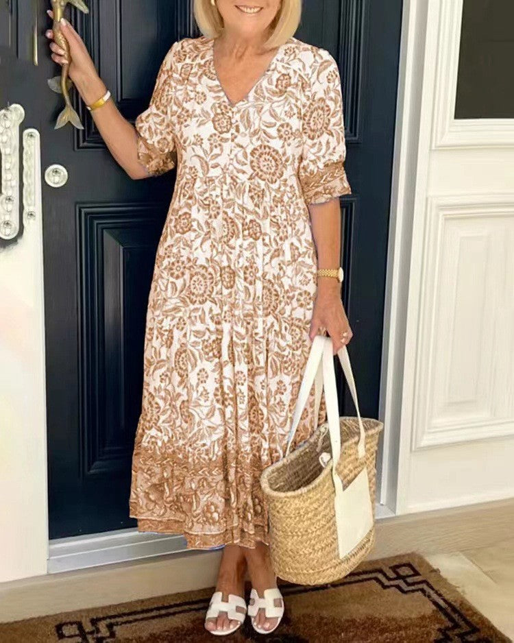 Women's A-Line Floral Midi Dress with V-Neckline