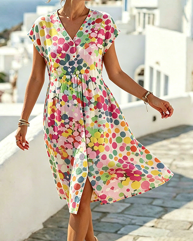 Women's Polka Dot V-Neck A-Line Midi Dress