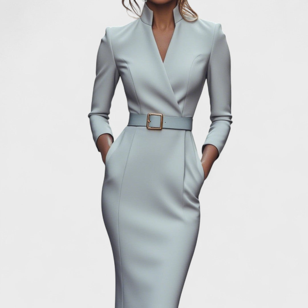 Robe midi pour femme avec col mao et ceinture