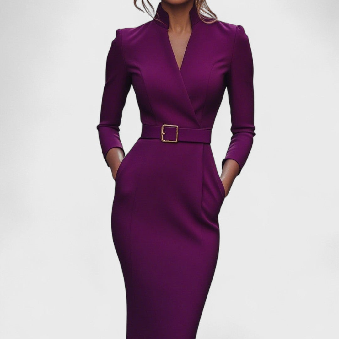 Robe midi pour femme avec col mao et ceinture