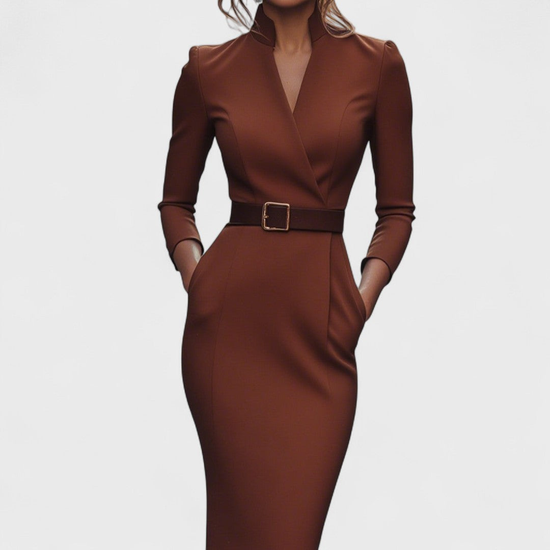 Robe midi pour femme avec col mao et ceinture