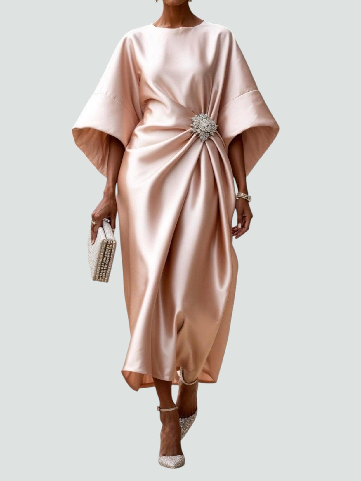 Robe midi élégante drapée avec détail broche pour femme