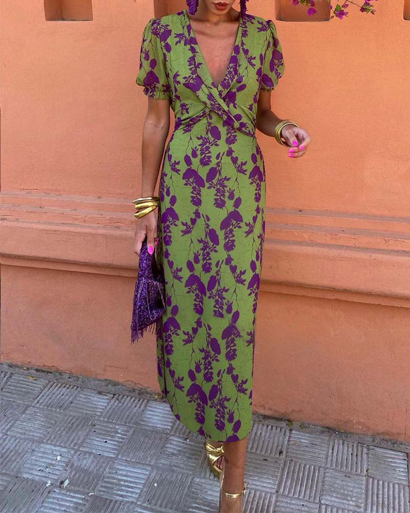 Women's Floral Wrap V-Neck Puff Sleeve Midi Dress