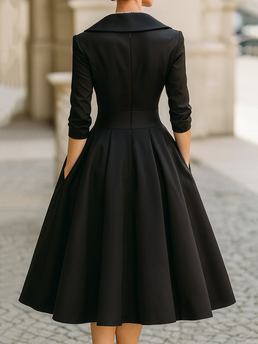 Robe midi élégante col à revers cintrée et évasée