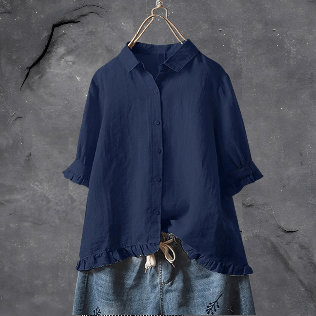 Women's Ruffled Short Sleeve Button-Up Shirt