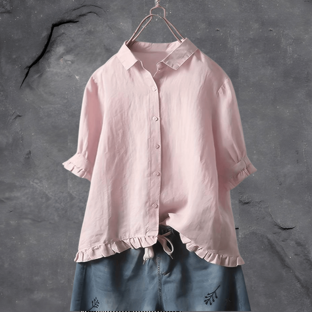 Women's Ruffled Short Sleeve Button-Up Shirt