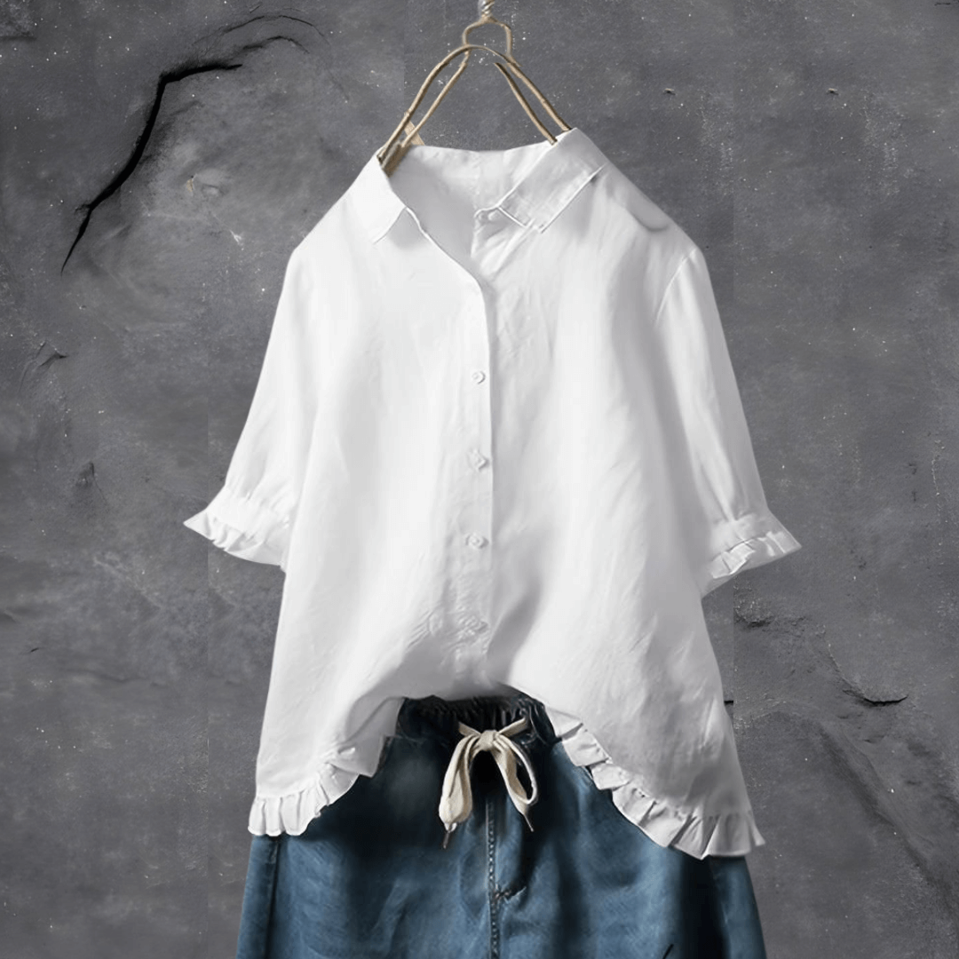 Women's Ruffled Short Sleeve Button-Up Shirt