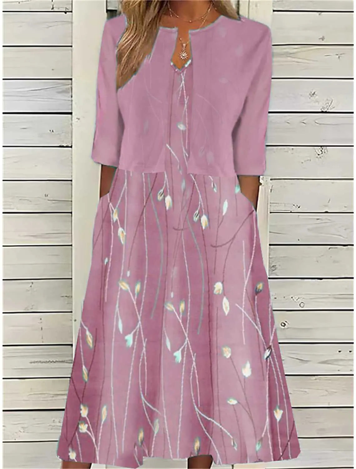 Vestito midi stampato da donna con coprispalle a manica 3/4