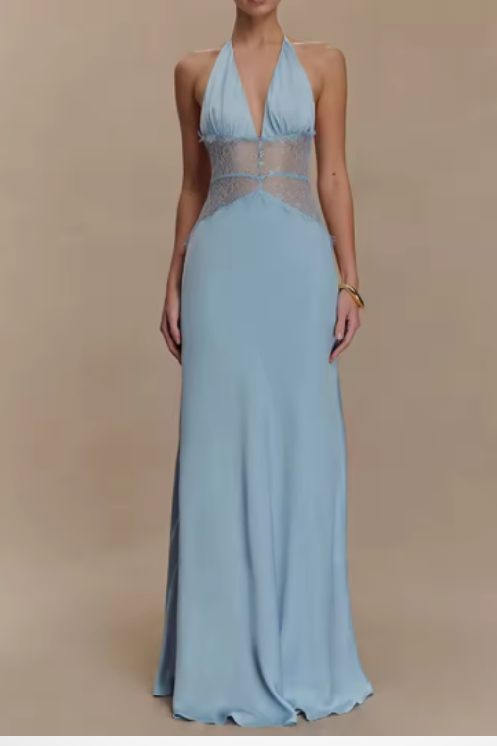 Women's Halter Neck Backless Maxi Dress with Lace Waist Detail