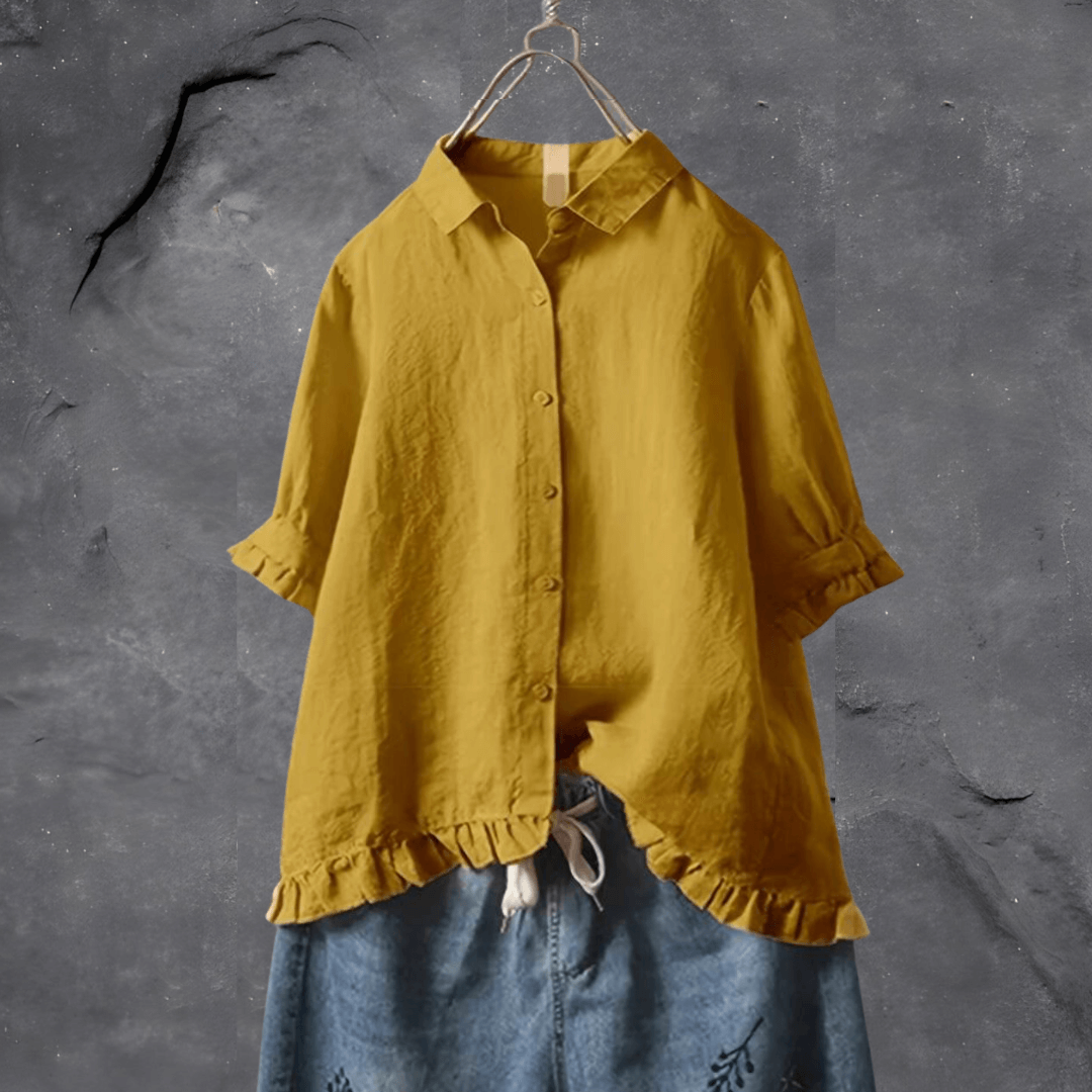 Women's Ruffled Short Sleeve Button-Up Shirt