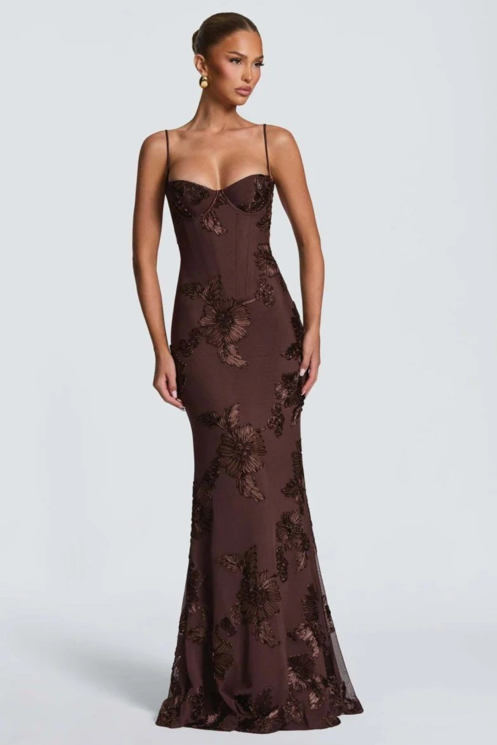 Robe longue corset brodée de fleurs pour femme avec bretelles fines