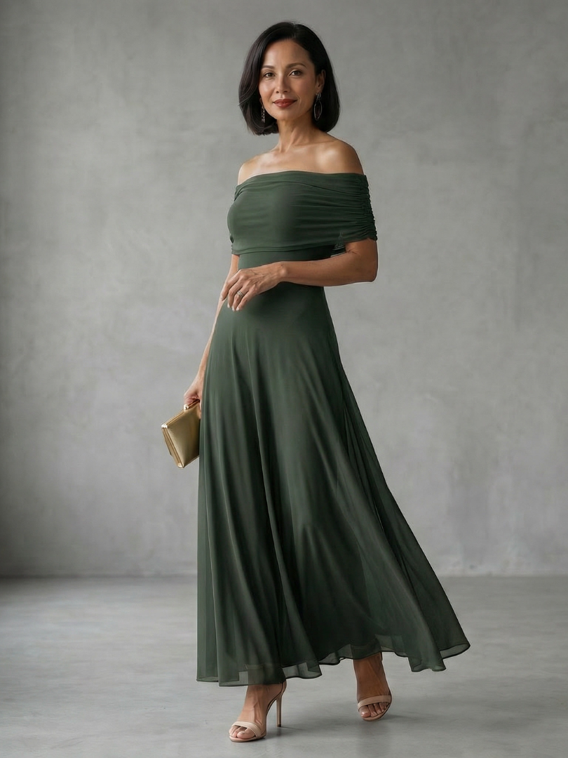 Women's Off Shoulder Midi Dress with Draped Bodice