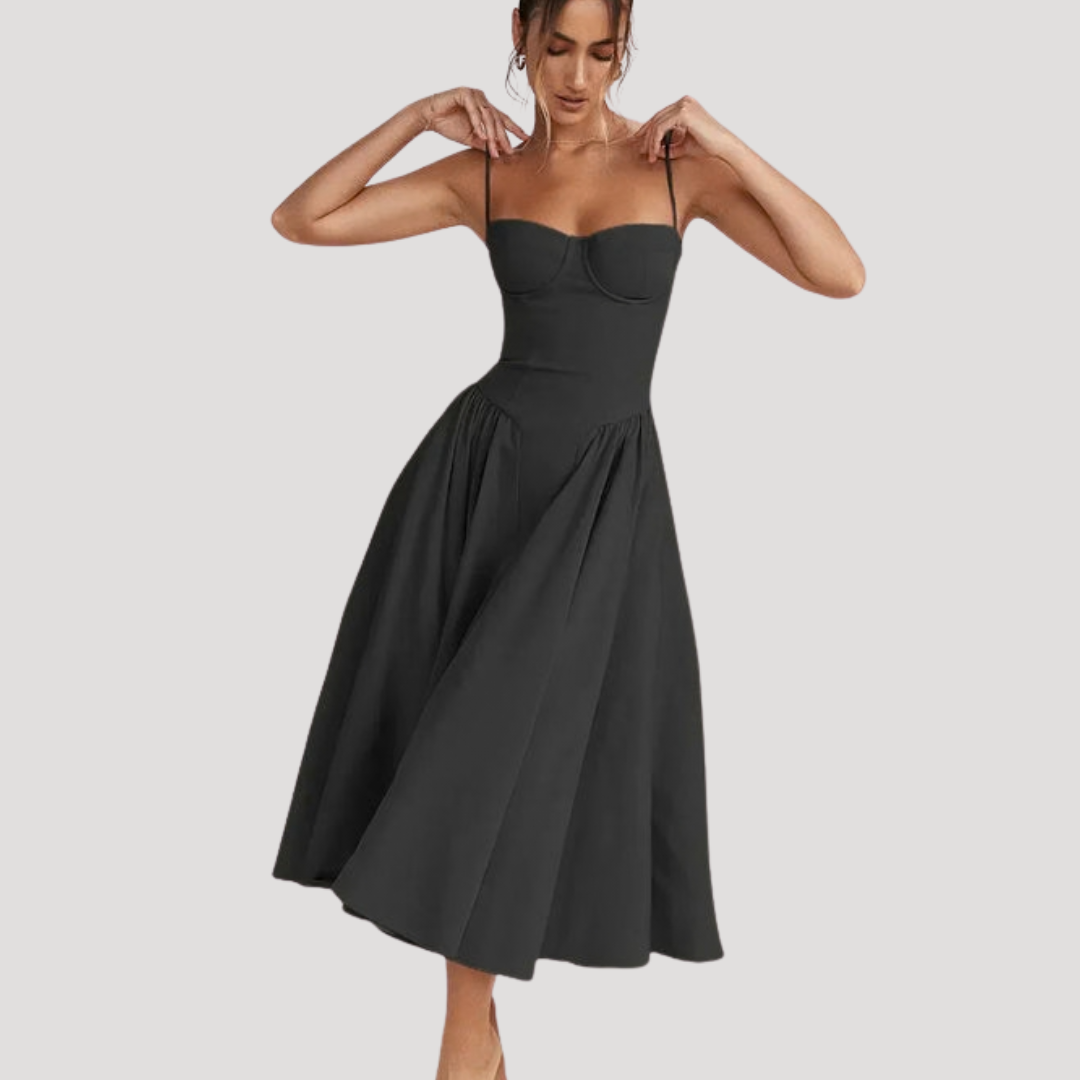 Women's Sweetheart Corset Bodice Midi Dress with Full A-Line Skirt