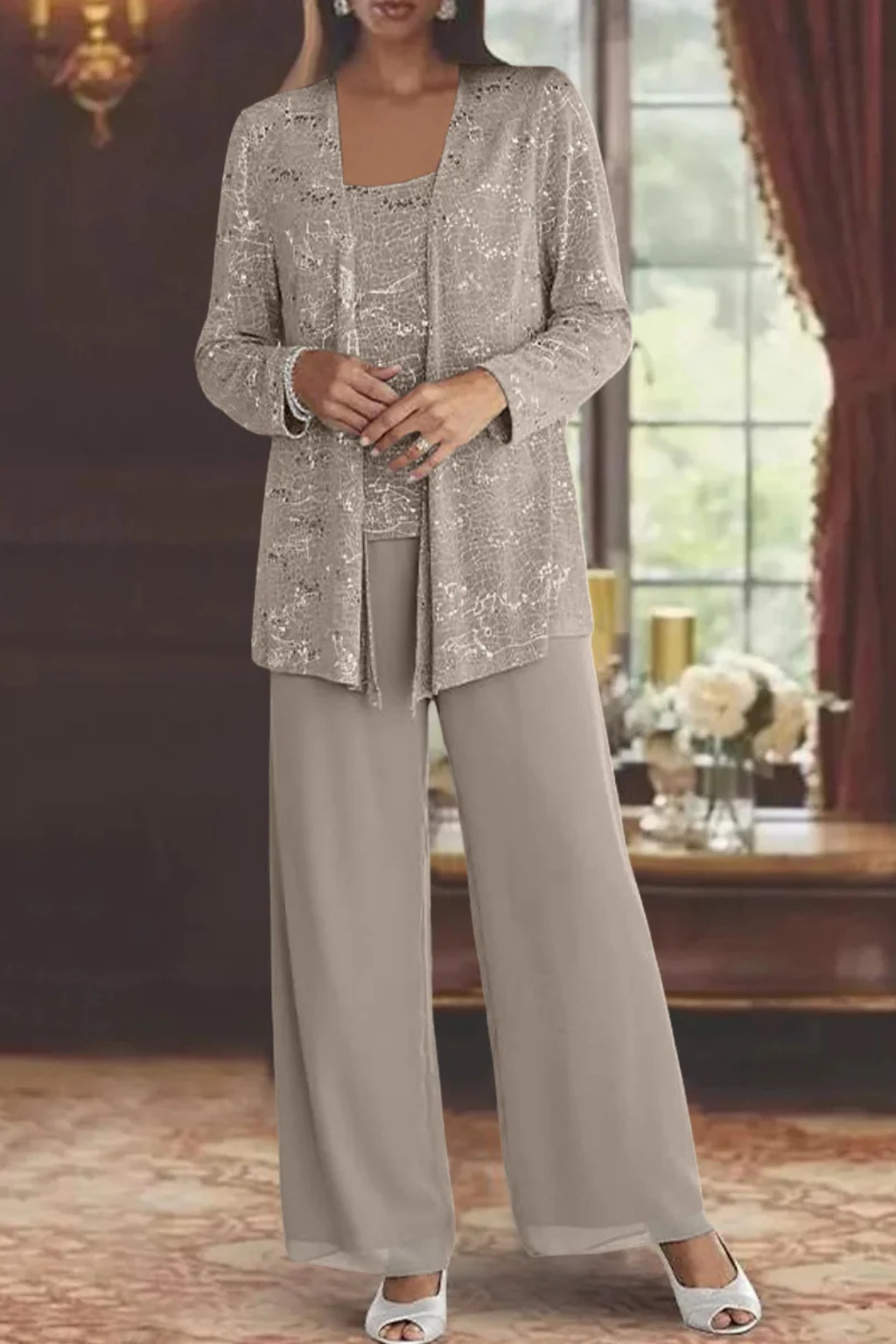 Ensemble trois pièces pour femme en dentelle à sequins, pantalon large