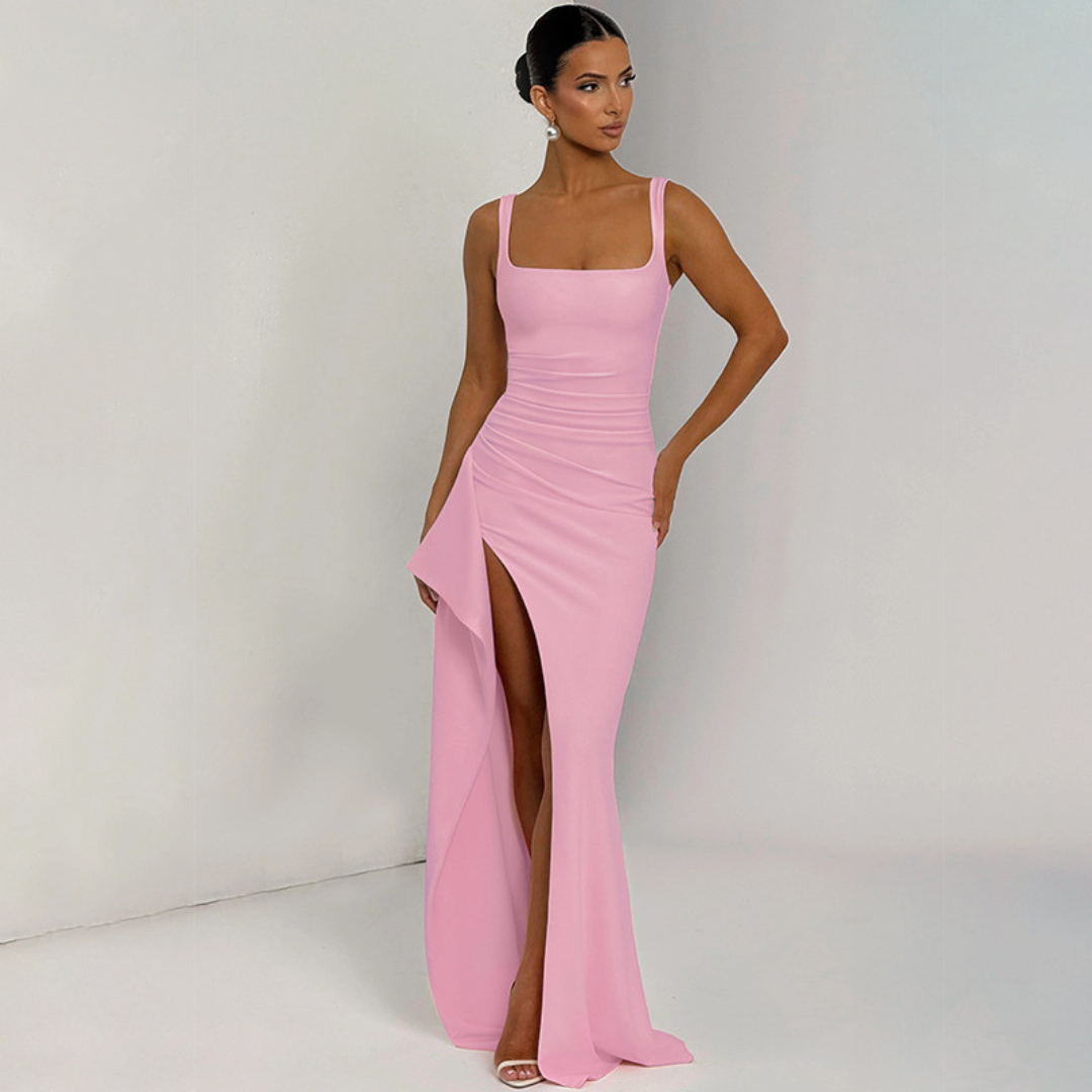 Women's Sleeveless Square Neck Fitted Maxi Dress with High Side Slit