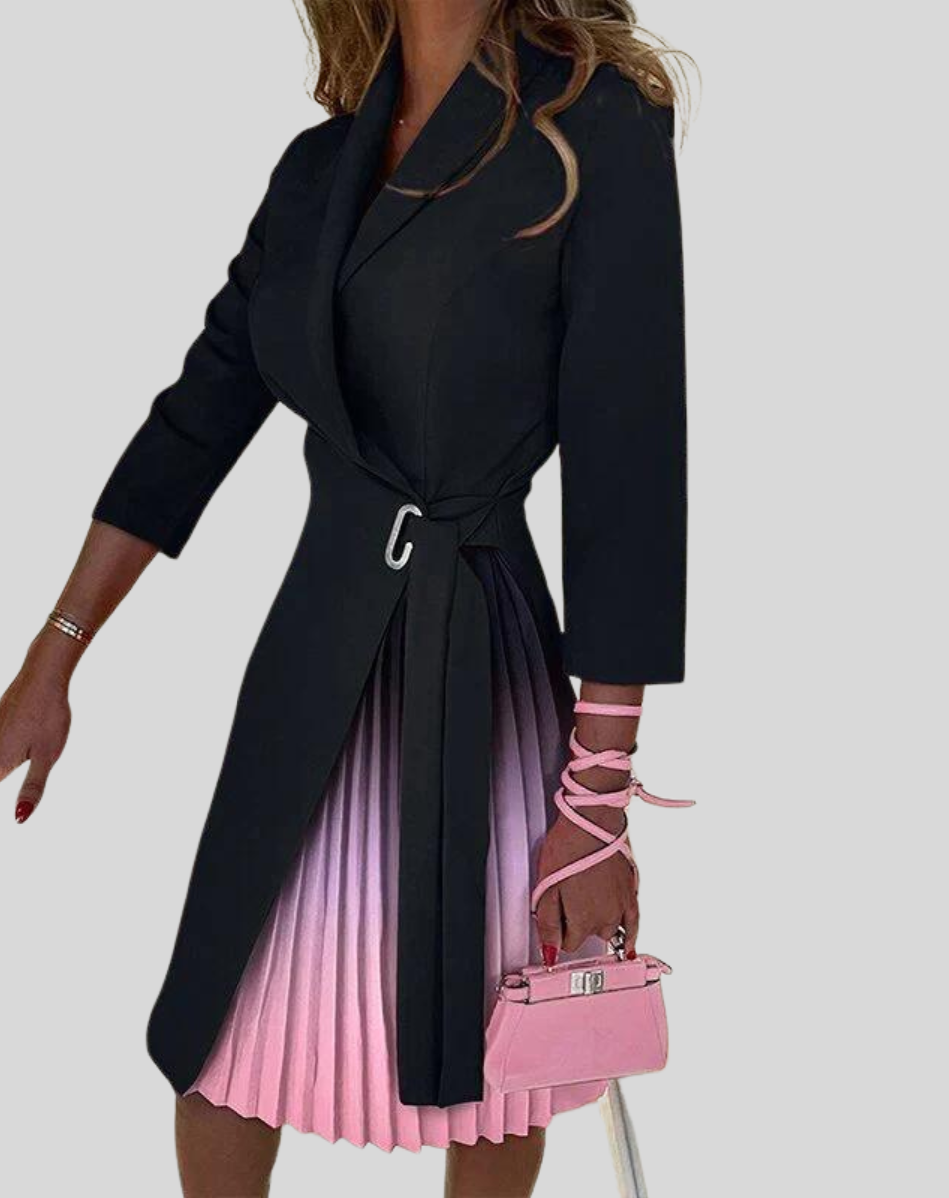 Women's Long Sleeve Belted Pleated Midi Dress