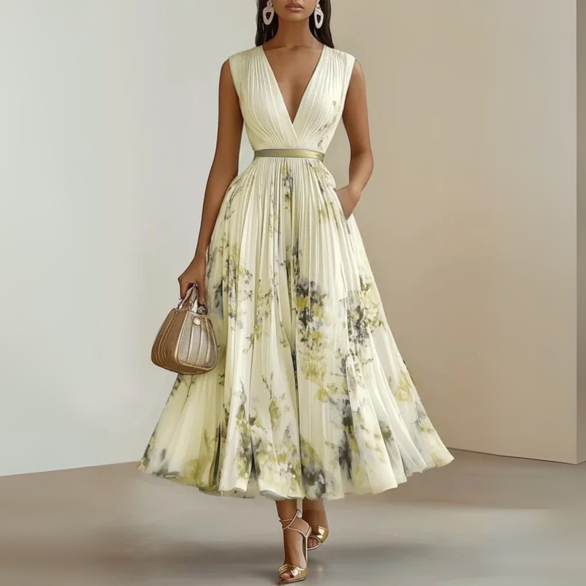 Robe maxi plissée sans manches à col en V pour femme