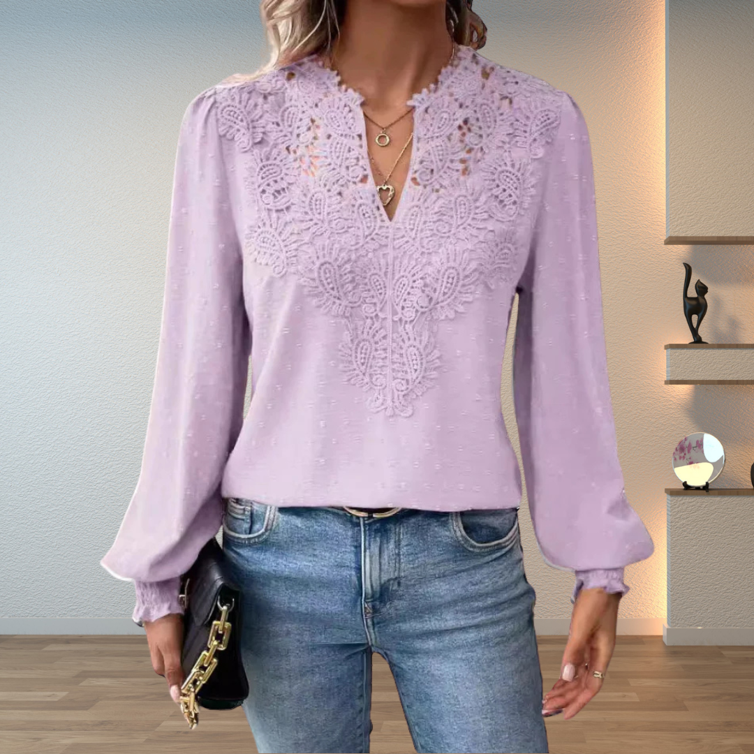 Blouse à manches longues pour femme avec col en V et broderie