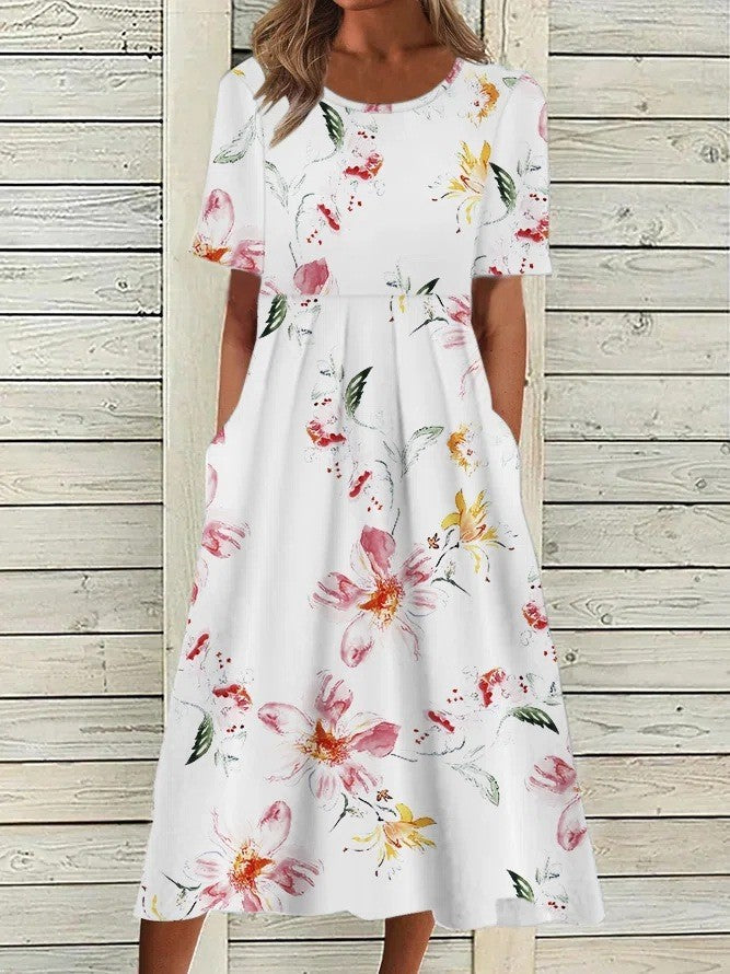 Floral Short Sleeve Midi Dress For Women