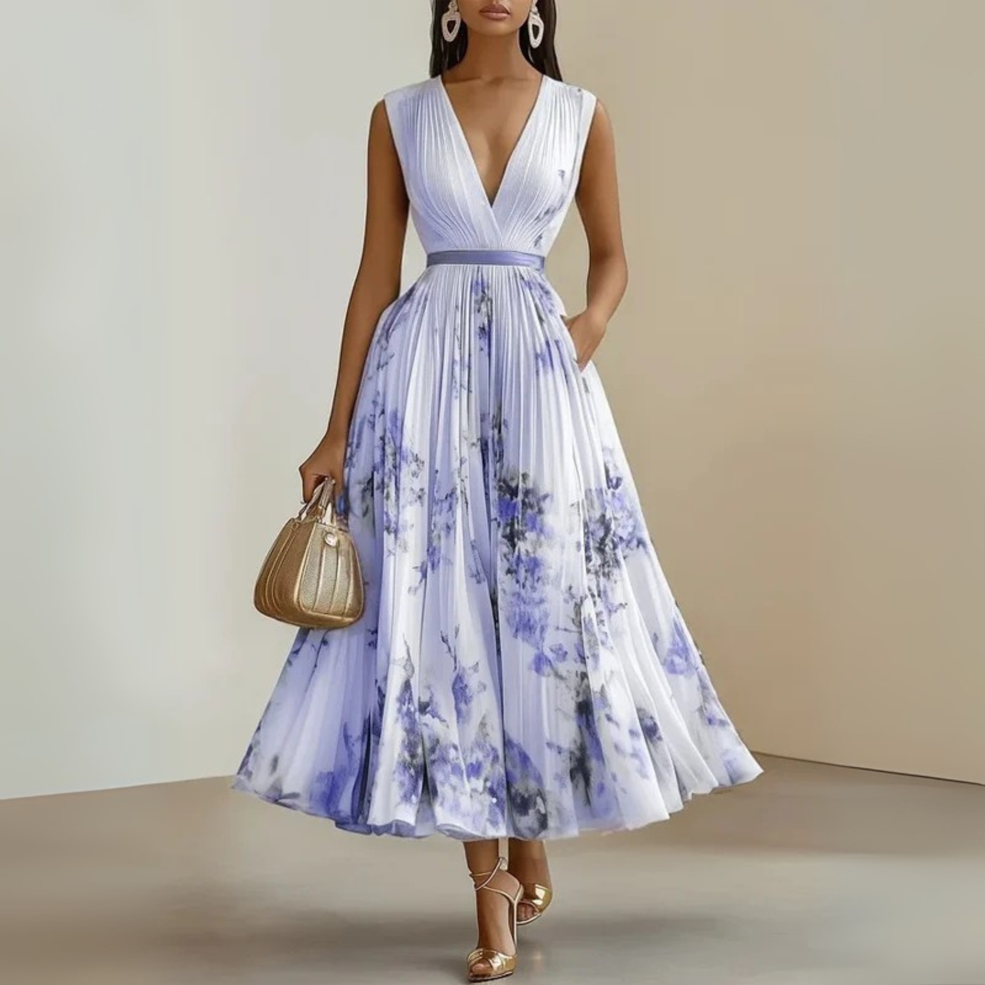 Robe maxi plissée sans manches à col en V pour femme