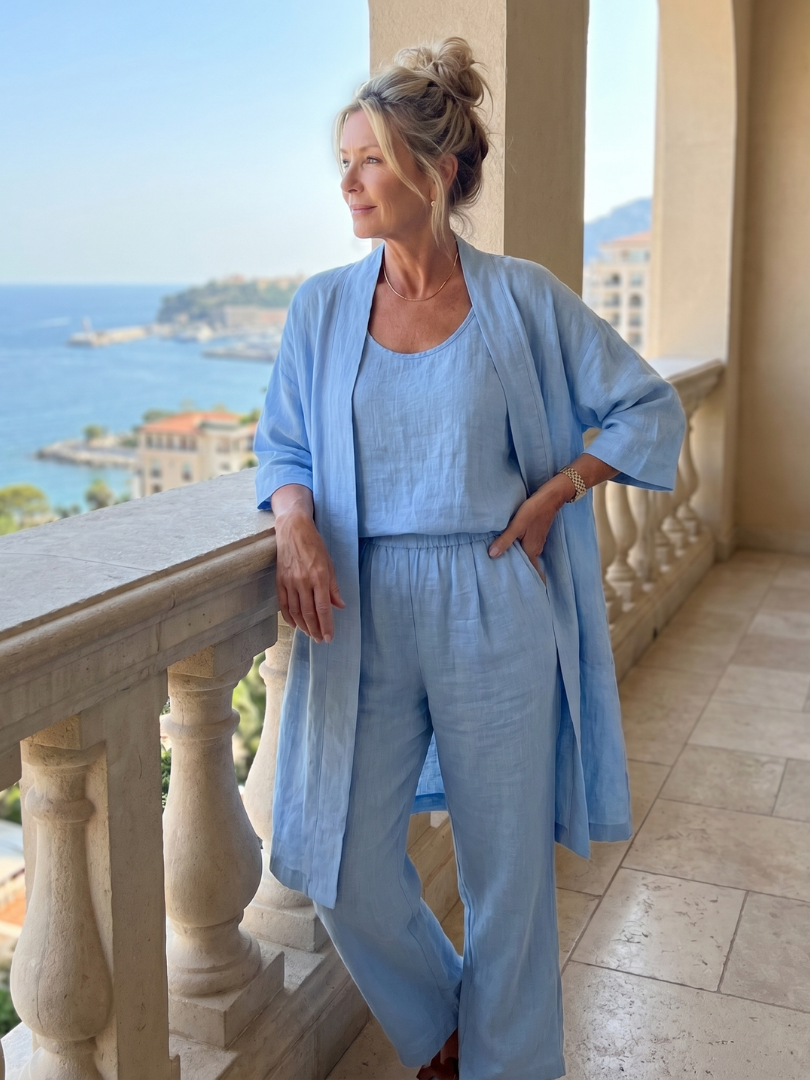 Ensemble détente trois pièces pour femme avec cardigan ouvert