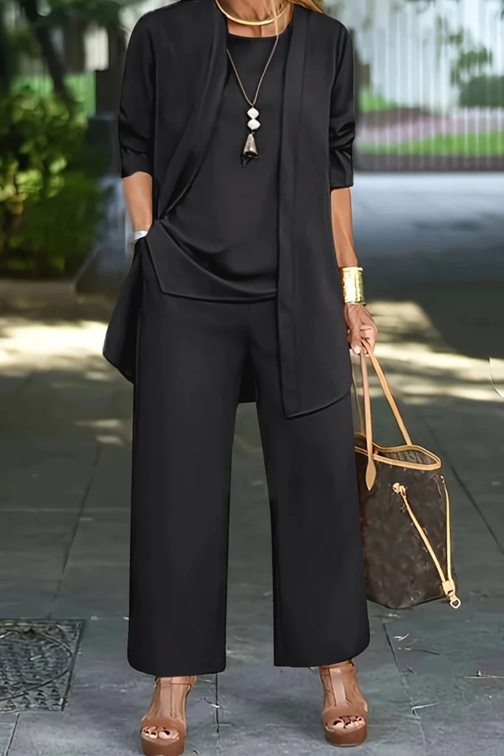 Women's Three-Piece Draped Cardigan & Wide-Leg Pants Set