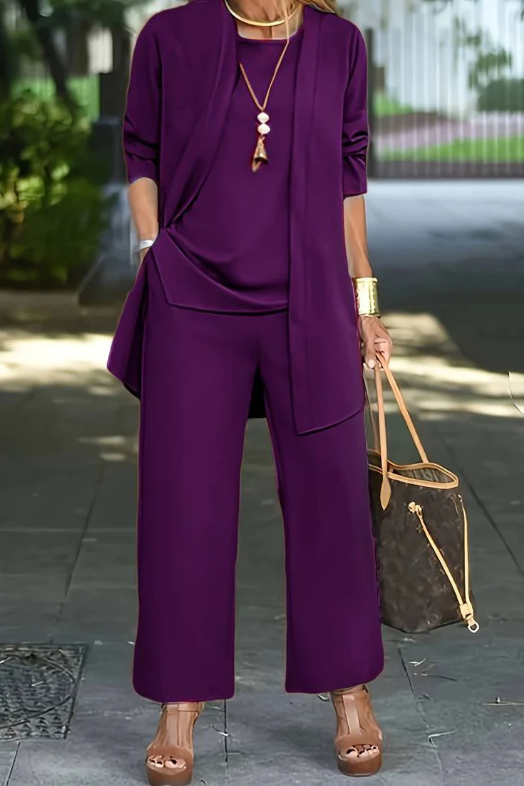 Women's Three-Piece Draped Cardigan & Wide-Leg Pants Set