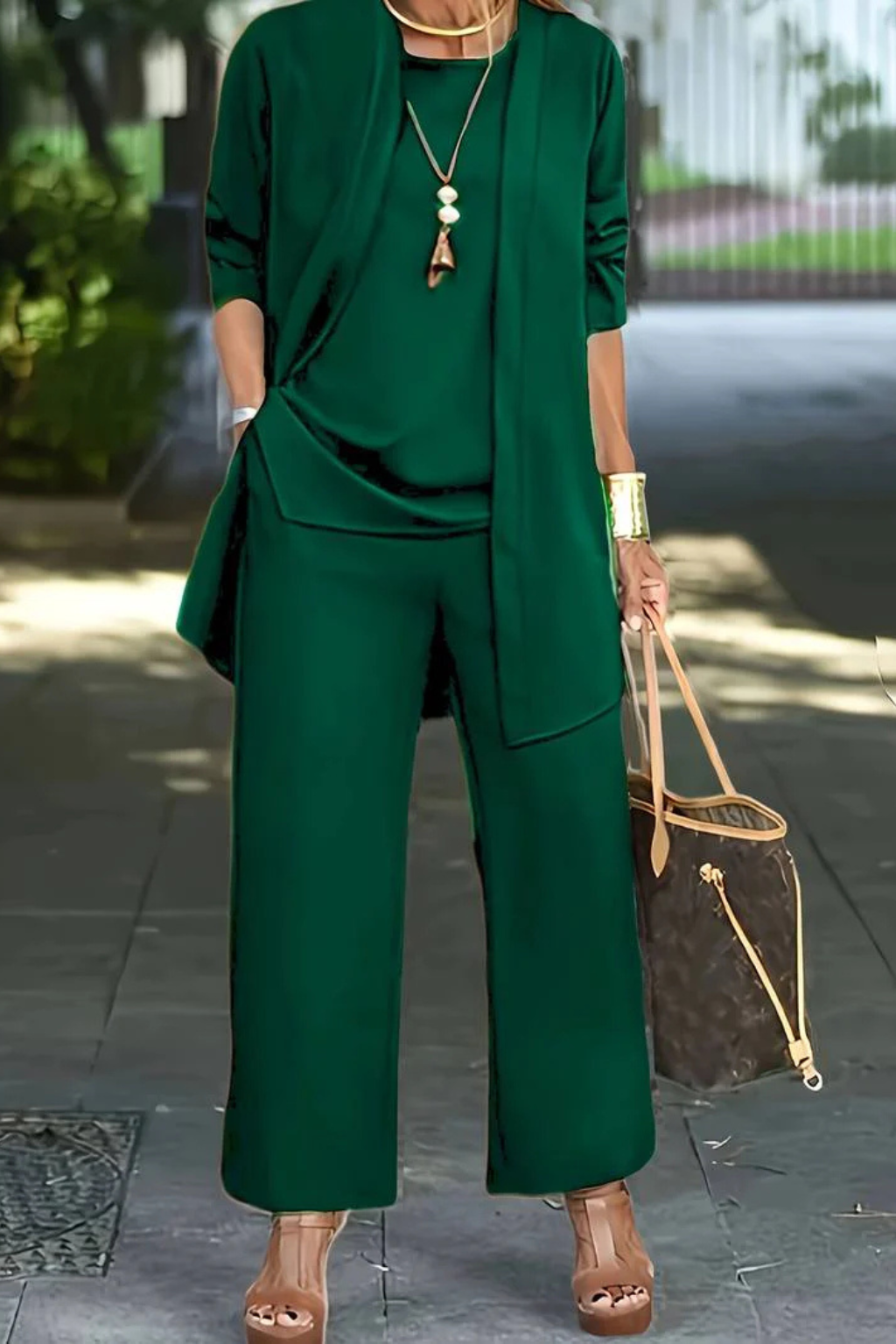 Women's Three-Piece Draped Cardigan & Wide-Leg Pants Set