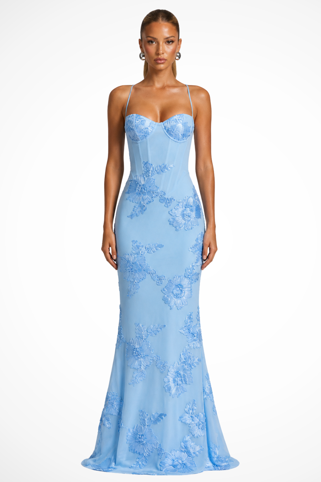 Robe longue corset brodée de fleurs pour femme avec bretelles fines