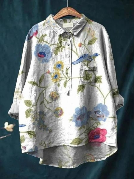 Printed Button-Up Shirt Women Loose Fit Floral Style