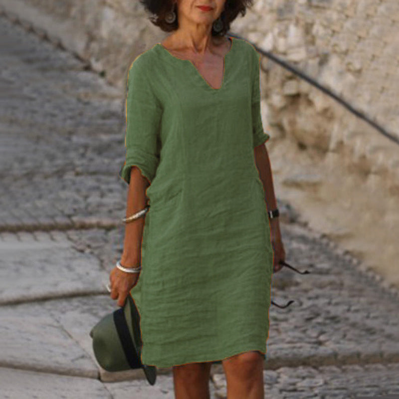Robe courte décontractée à col en V style lin pour femmes