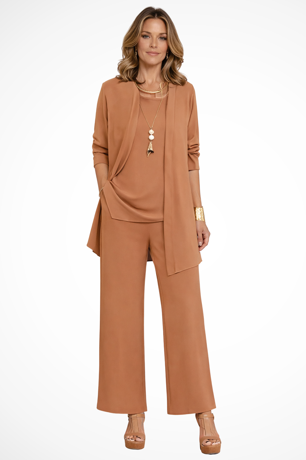 Women's Three-Piece Draped Cardigan & Wide-Leg Pants Set