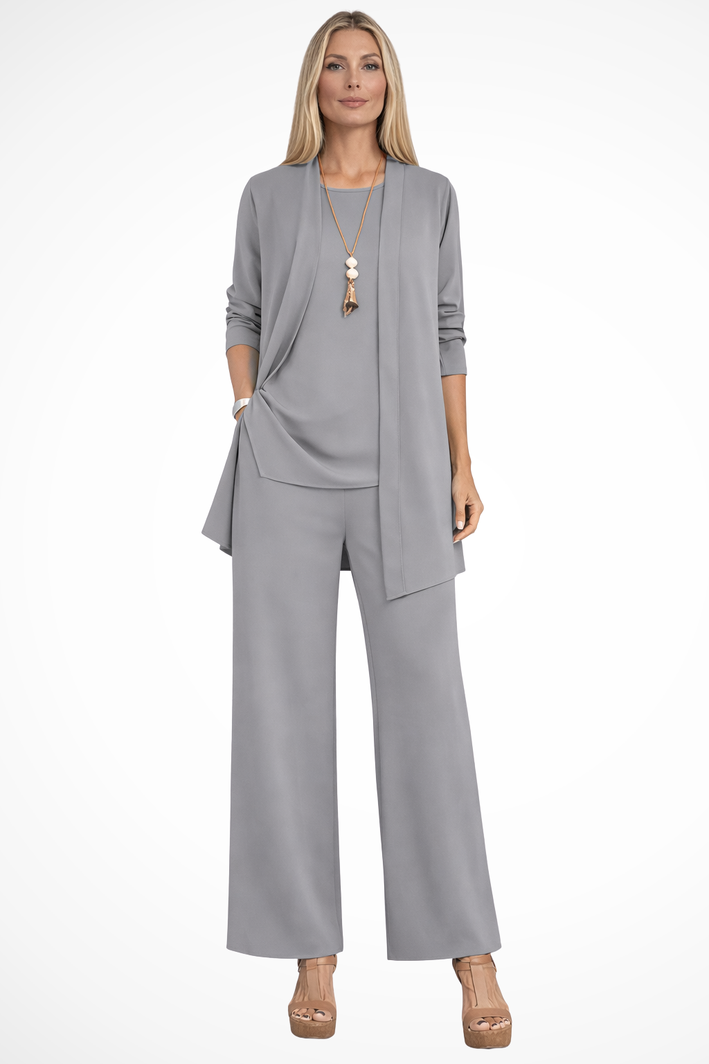 Women's Three-Piece Draped Cardigan & Wide-Leg Pants Set