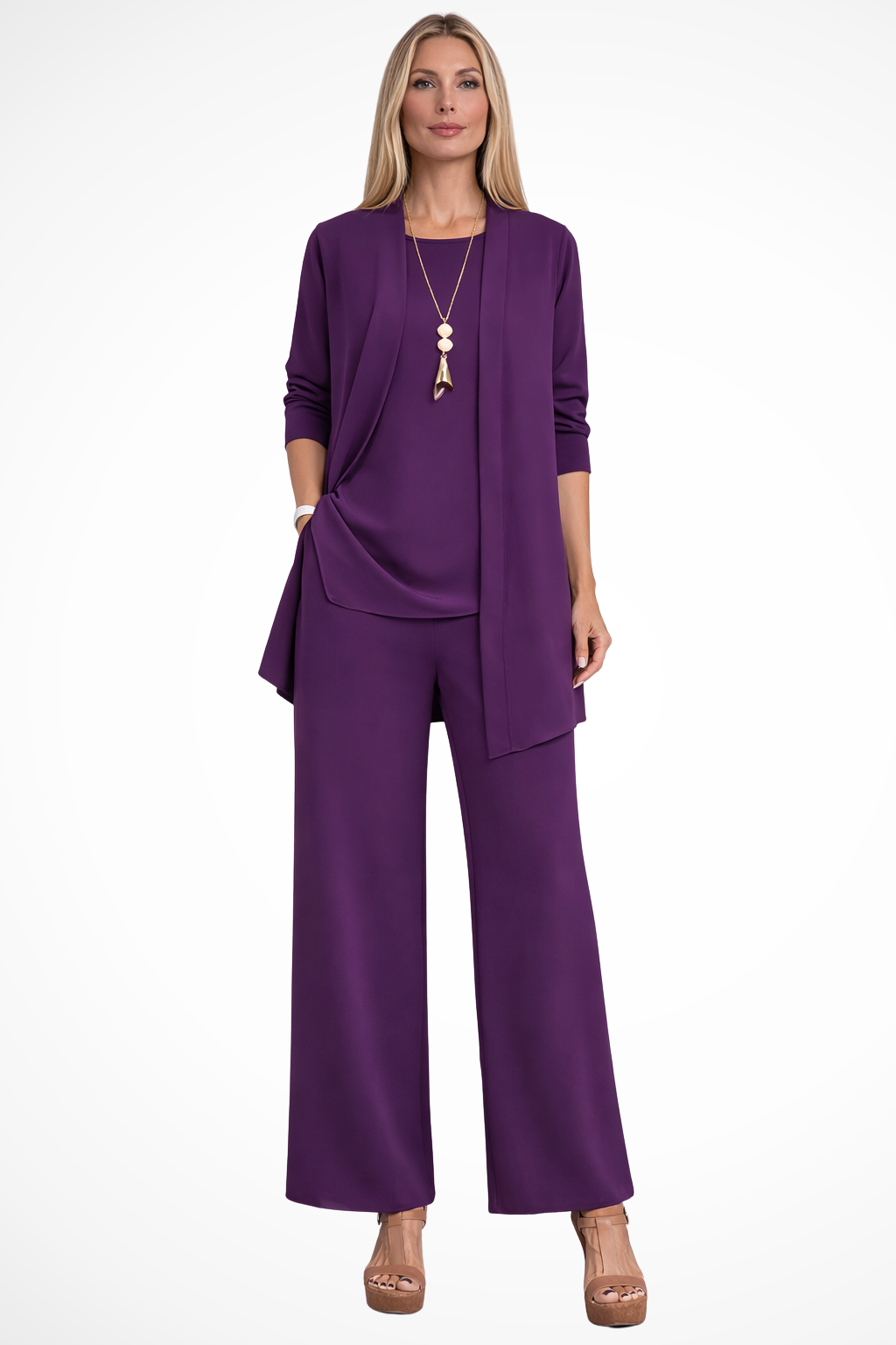 Women's Three-Piece Draped Cardigan & Wide-Leg Pants Set