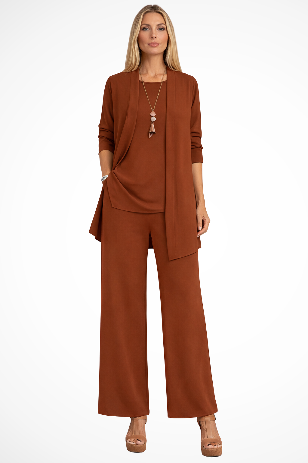 Women's Three-Piece Draped Cardigan & Wide-Leg Pants Set