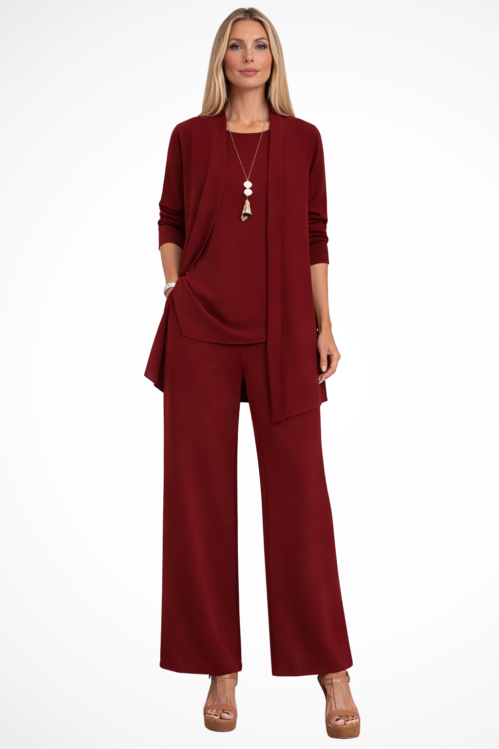 Women's Three-Piece Draped Cardigan & Wide-Leg Pants Set
