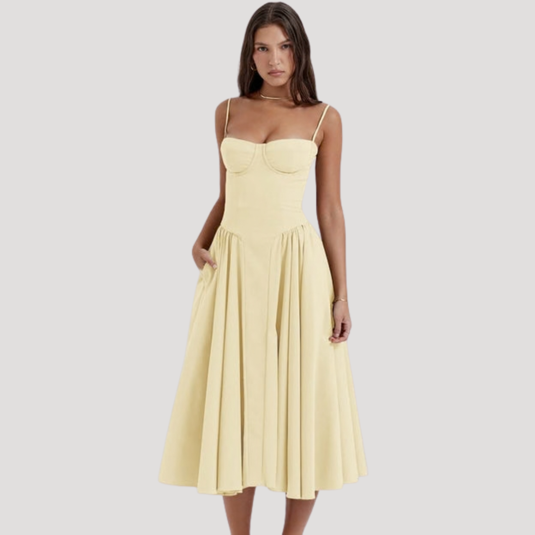 Women's Sweetheart Corset Bodice Midi Dress with Full A-Line Skirt