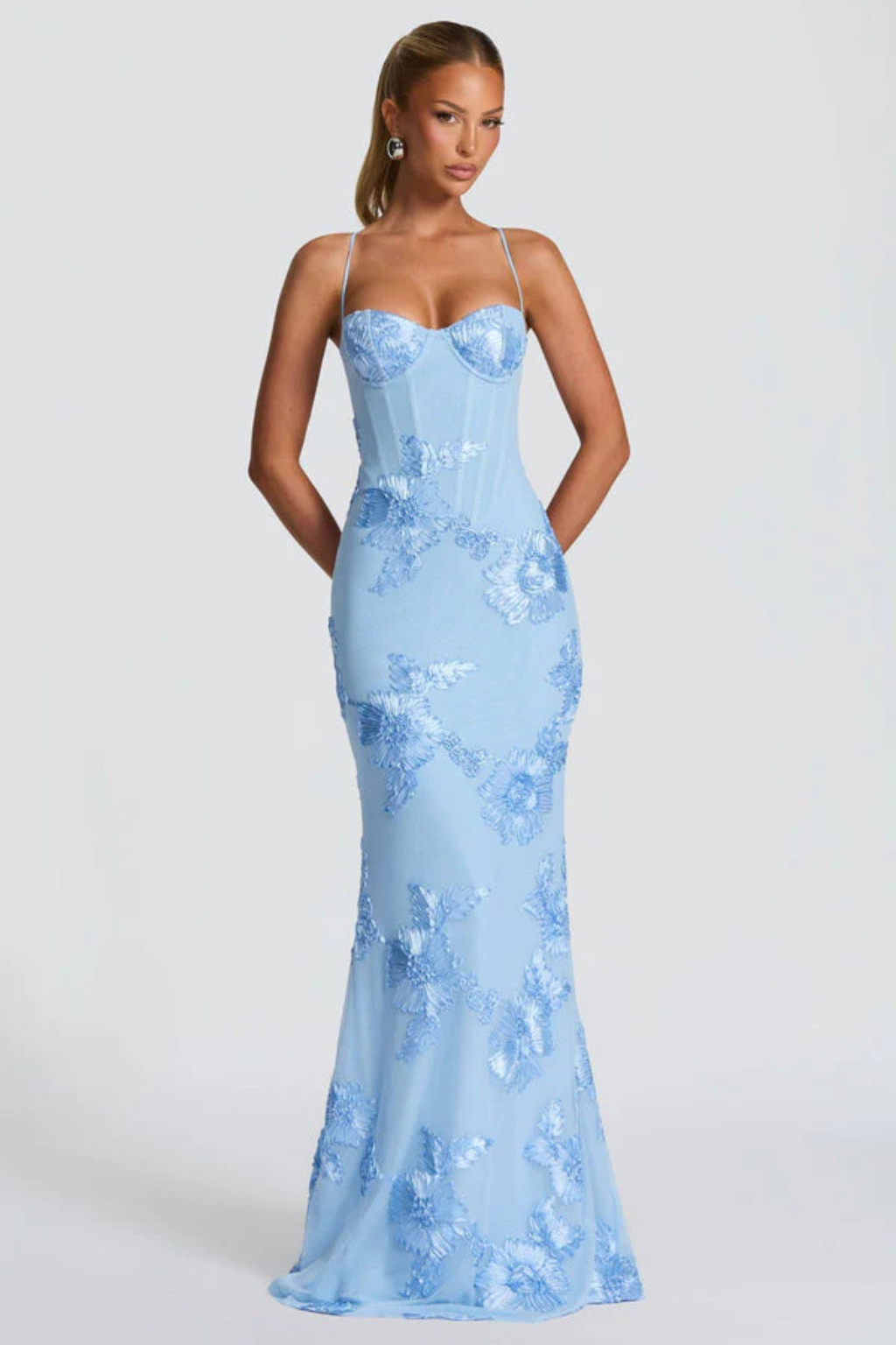 Robe longue corset brodée de fleurs pour femme avec bretelles fines