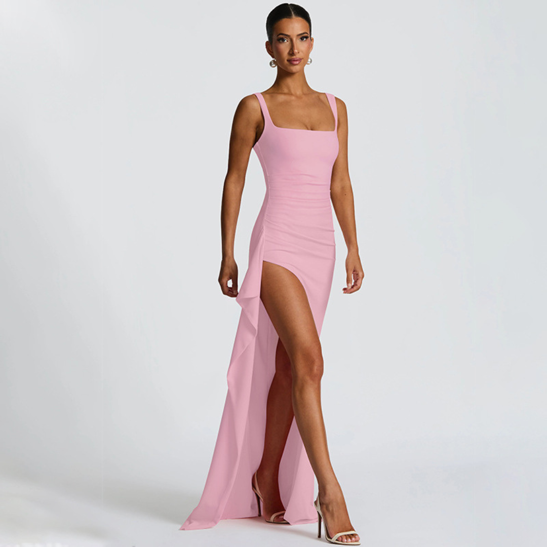 Women's Sleeveless Square Neck Fitted Maxi Dress with High Side Slit