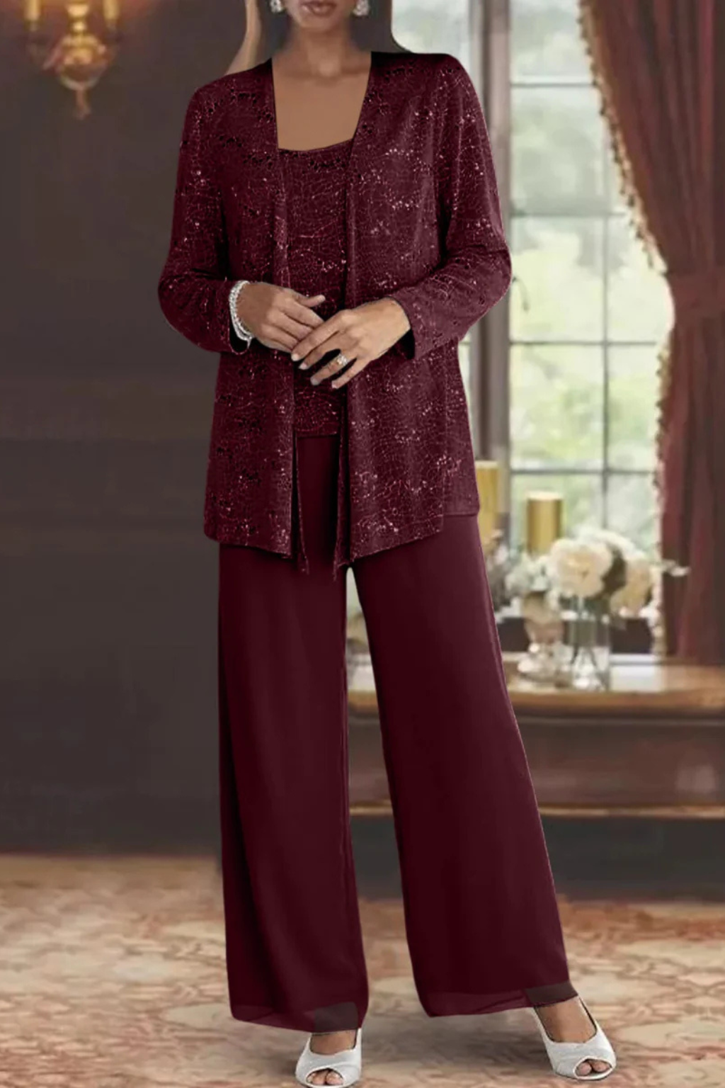 Ensemble trois pièces pour femme en dentelle à sequins, pantalon large