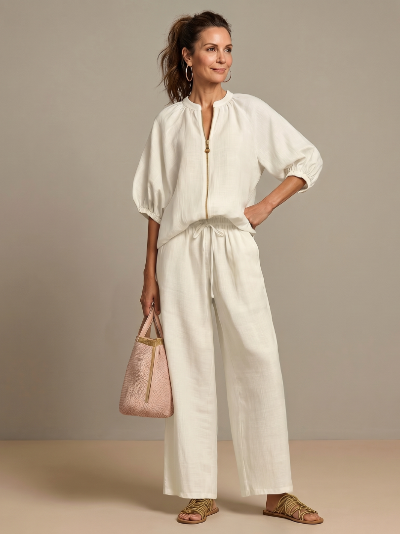 Women's Zip Front Blouson Top Wide Leg Set